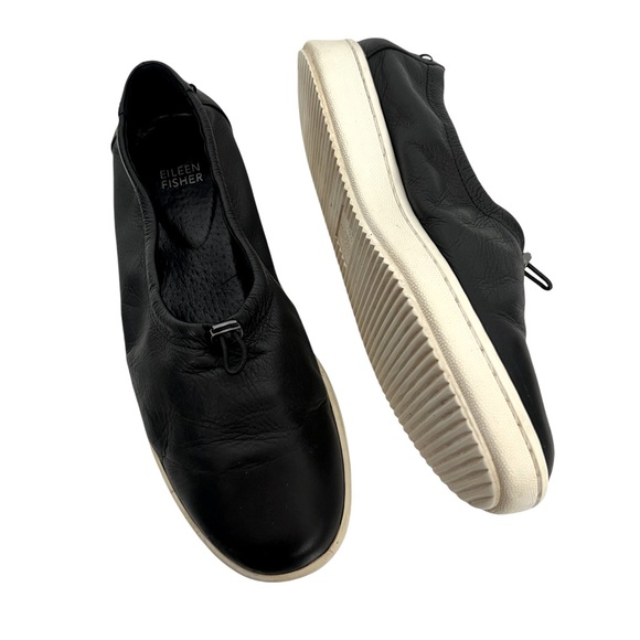 Eileen Fisher Sydney Sneaker Black Leather Athleisure Adjustable Sneaker Loafer - Picture 4 of 8